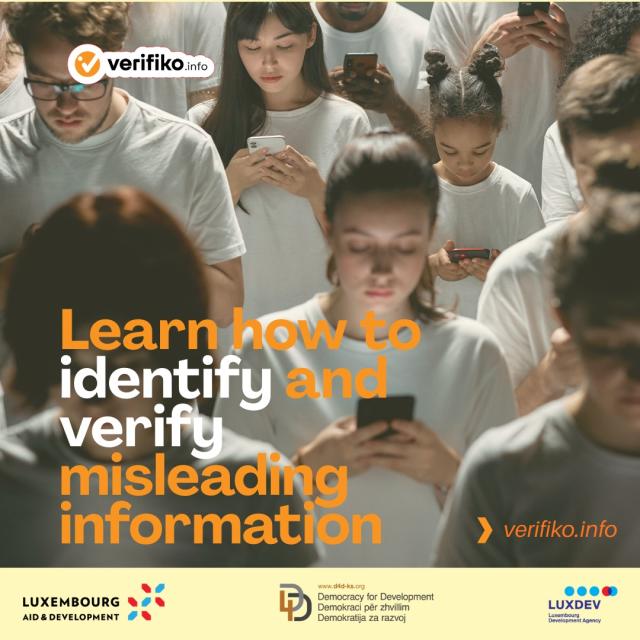 Poster with children watching phones and with messages on countering dissinformation