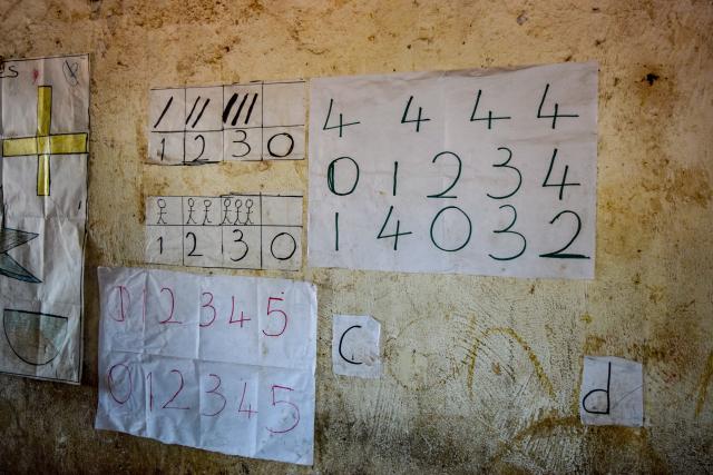Childrens schoolwork in village in Malawi, Africa